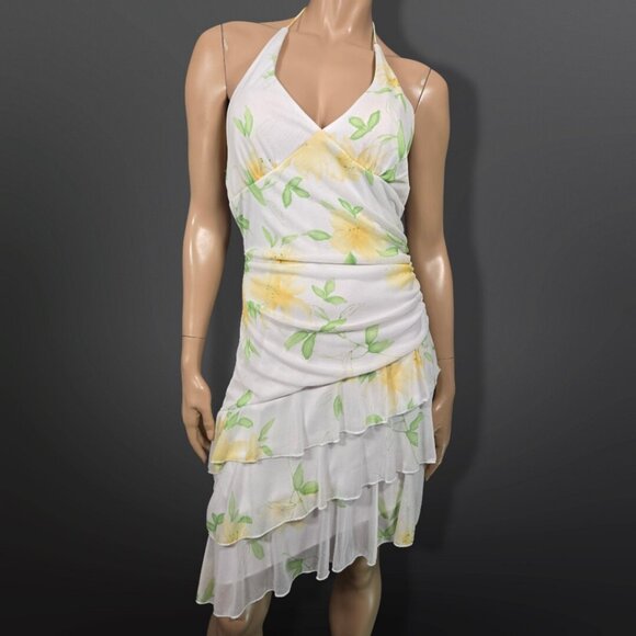 Vintage 90s Y2K Floral Halter Dress Size M Ruffled Asymmetric Romantic Fairy - Picture 1 of 7